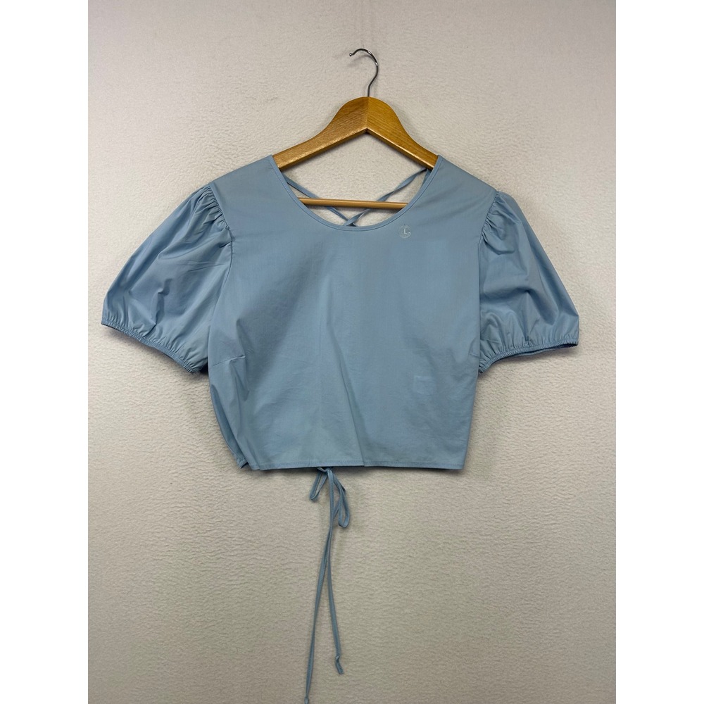 Coquette Kendall & Kylie Womens L Light Blue Lace Up Back Puff Sleeve Crop Top
